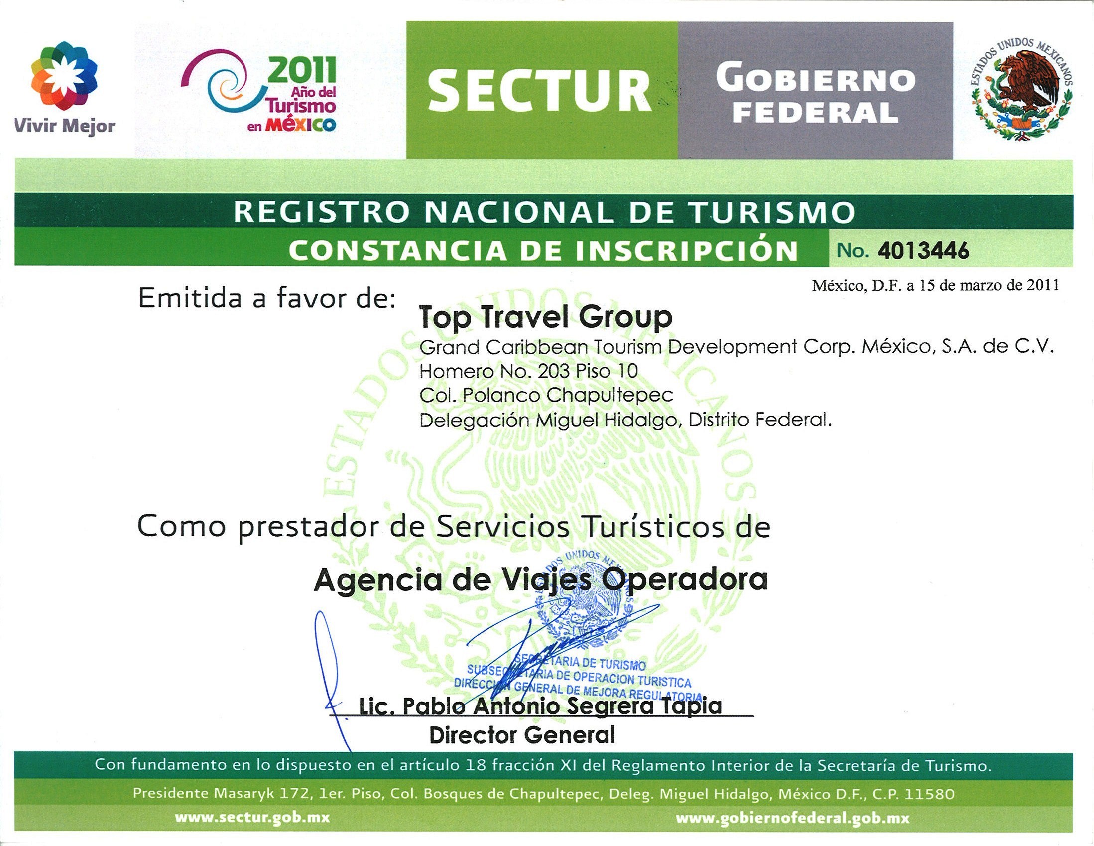 CERTIFICACIÓN DE SECTUR DE TOPTRAVELGROUP